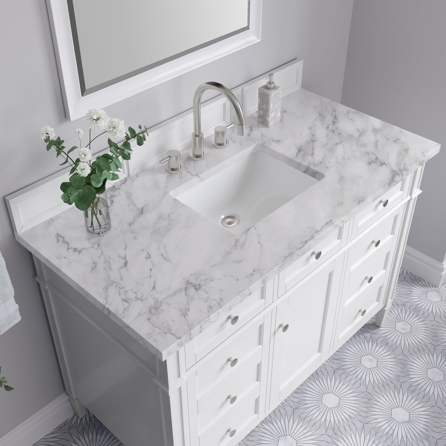 Renovate for Less Atlanta Brittany 48" Single Vanity, Bright White w/ 3 CM Carrara Marble Top