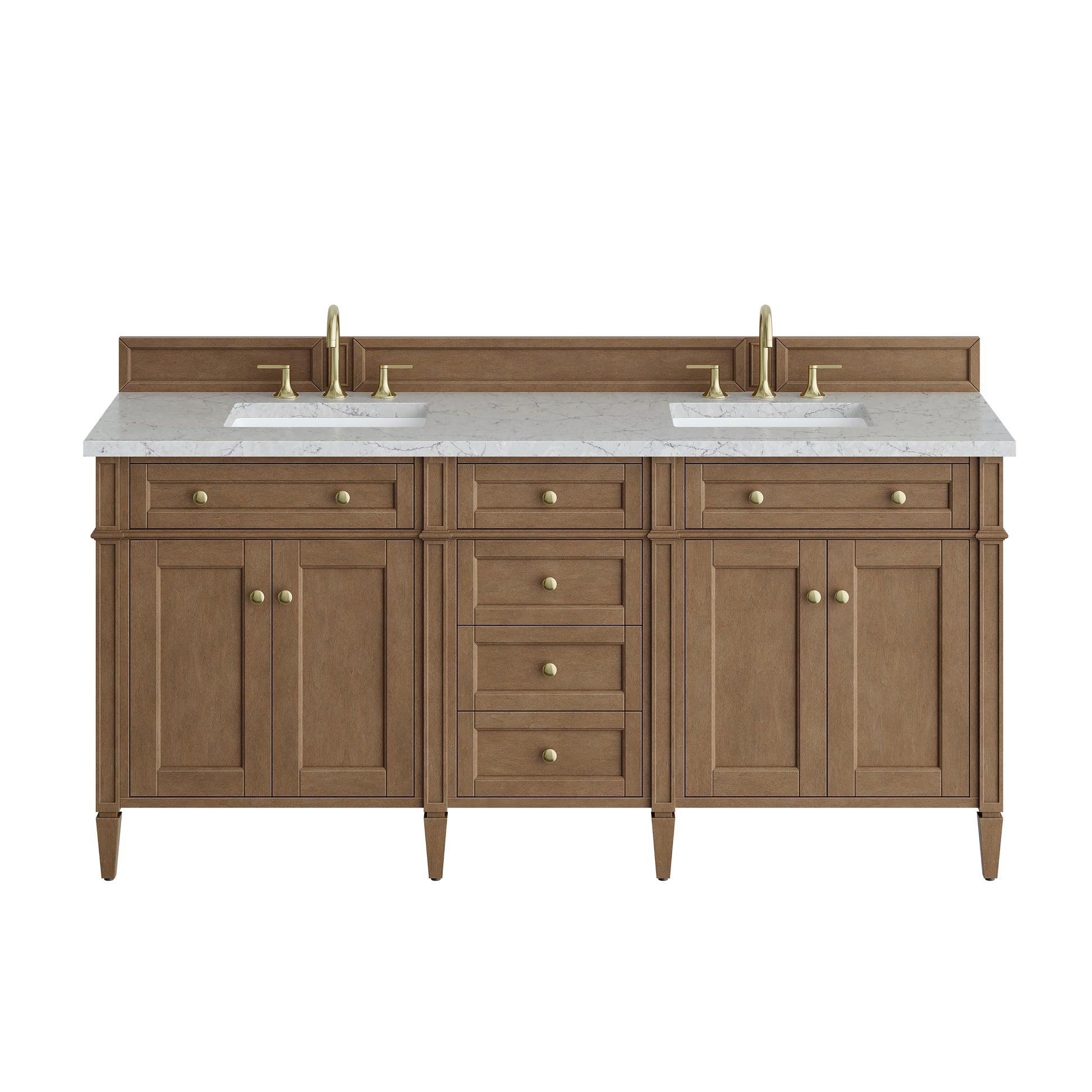 Renovate for Less Atlanta Brittany 72" Double Vanity, Pecan w/ 3 CM Eternal Jasmine Pearl Silestone Top w/FreePower Wireless Charger