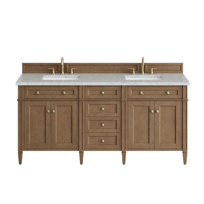 Renovate for Less Atlanta Brittany 72" Double Vanity, Pecan w/ 3 CM Eternal Jasmine Pearl Silestone Top w/FreePower Wireless Charger