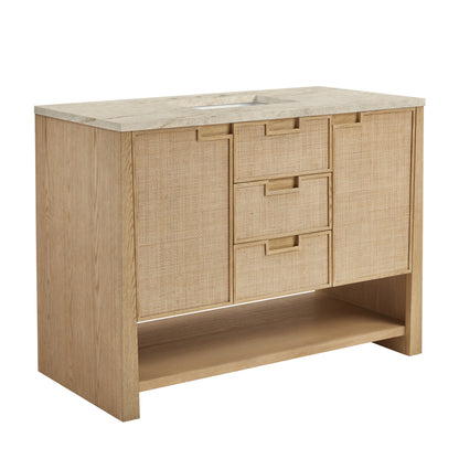 Renovate for Less Atlanta Solene 48" Single Vanity, Seaside Oak, w/ 3 CM Tajnar Eclos Top w/FreePower Wireless Charger