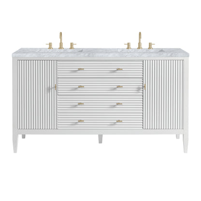 Renovate for Less Atlanta Myrrin 60" Double Vanity, Bright White w/ 3 CM Carrara White Marble Top