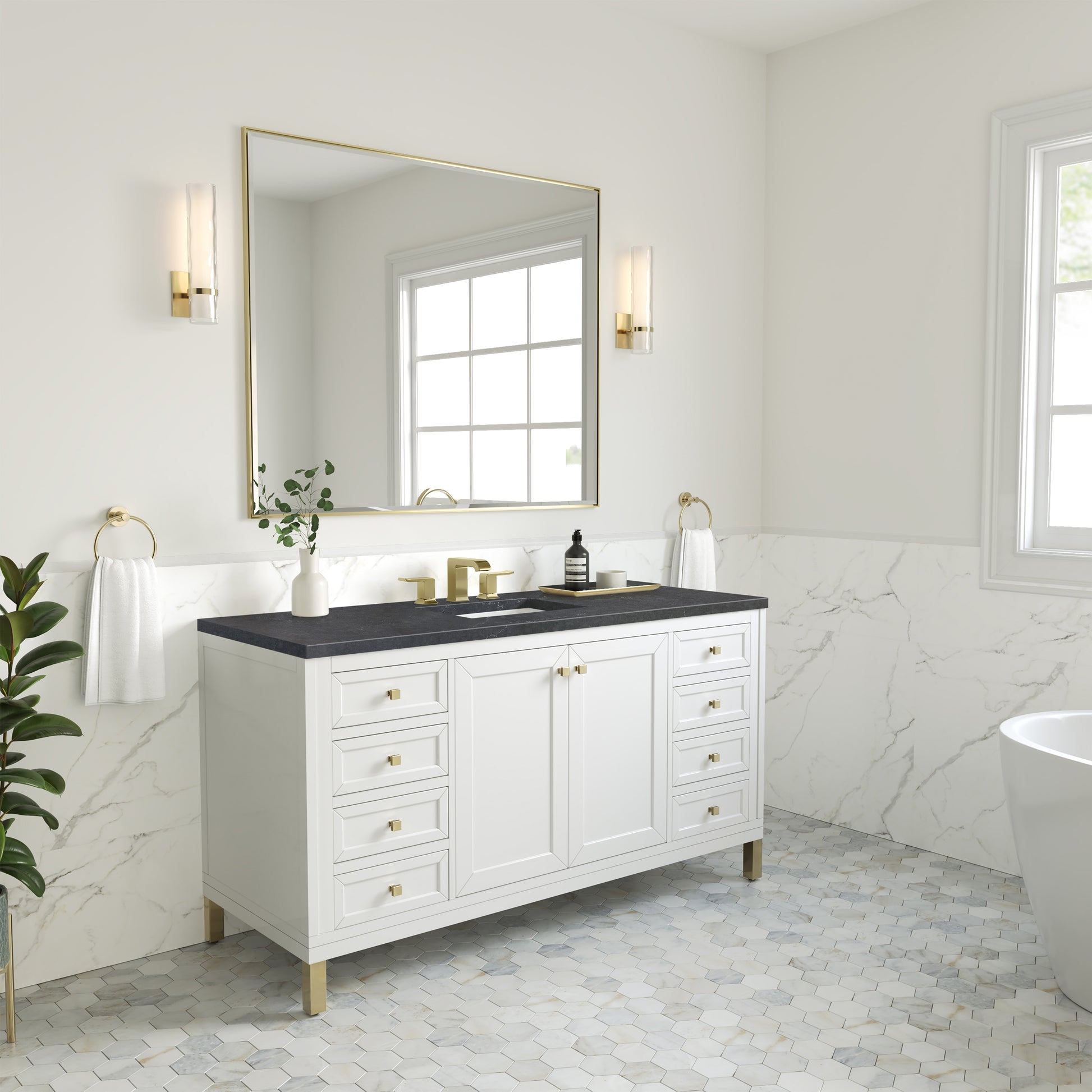 Renovate for Less Atlanta Chicago 60" Single Vanity, Glossy White, w/ 3 CM Charcoal Soapstone Silestone® Top