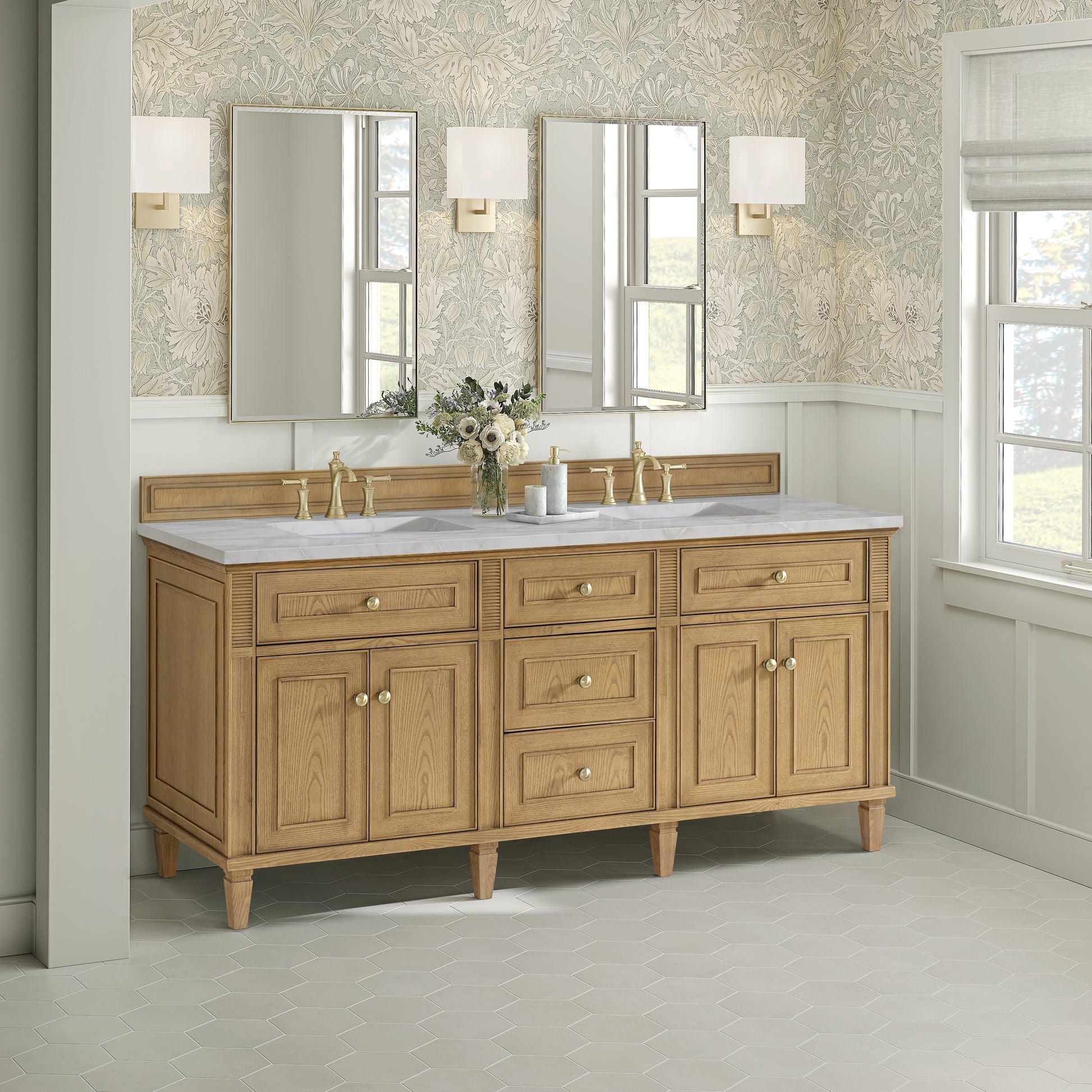 Renovate for Less Atlanta Lorelai 72" Double Vanity, Light Natural Oak w/ 3 CM Victorian Silver Silestone Top w/FreePower Wireless Charger