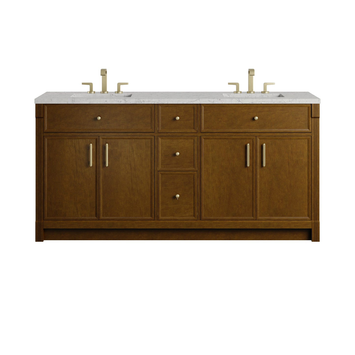 Renovate for Less Atlanta Bellshire 72" Double Vanity, Honey Oak w/ 3 CM Eternal Jasmine Pearl Silestone Top