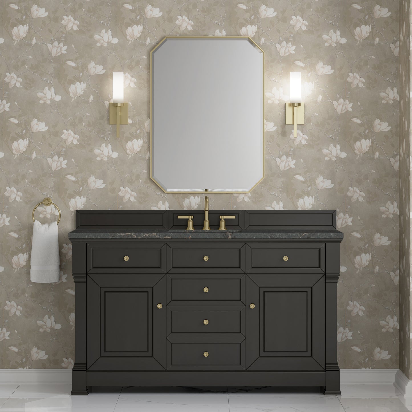 Renovate for Less Atlanta Brookfield 60" Single Vanity, Black Onyx w/ 3 CM Parisien Bleu Silestone Top w/ FreePower Wireless Charger