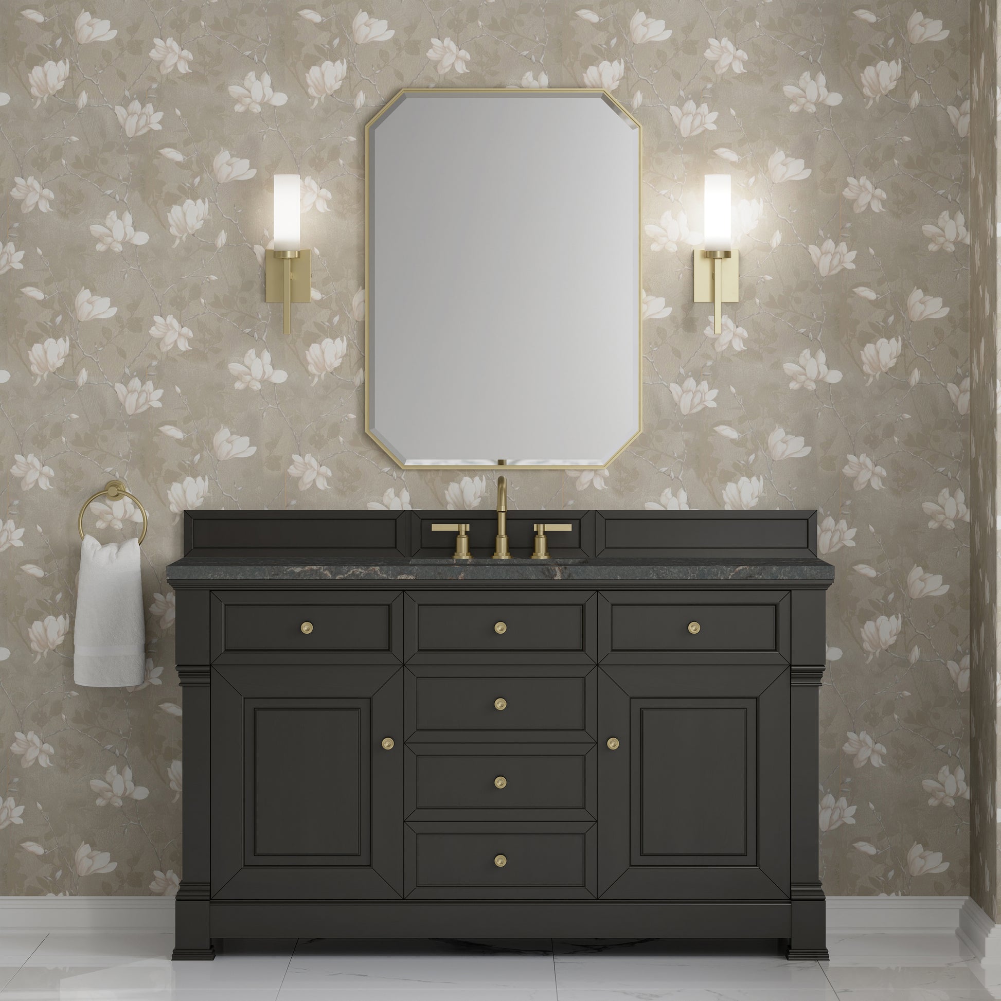 Renovate for Less Atlanta Brookfield 60" Single Vanity, Black Onyx w/ 3 CM Parisien Bleu Silestone Top w/ FreePower Wireless Charger