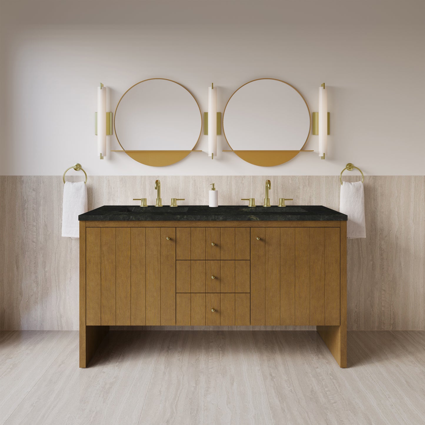 Renovate for Less Atlanta Hudson 60" Double Vanity, Honey Oak w/ 3 CM Phantome Eclos Top