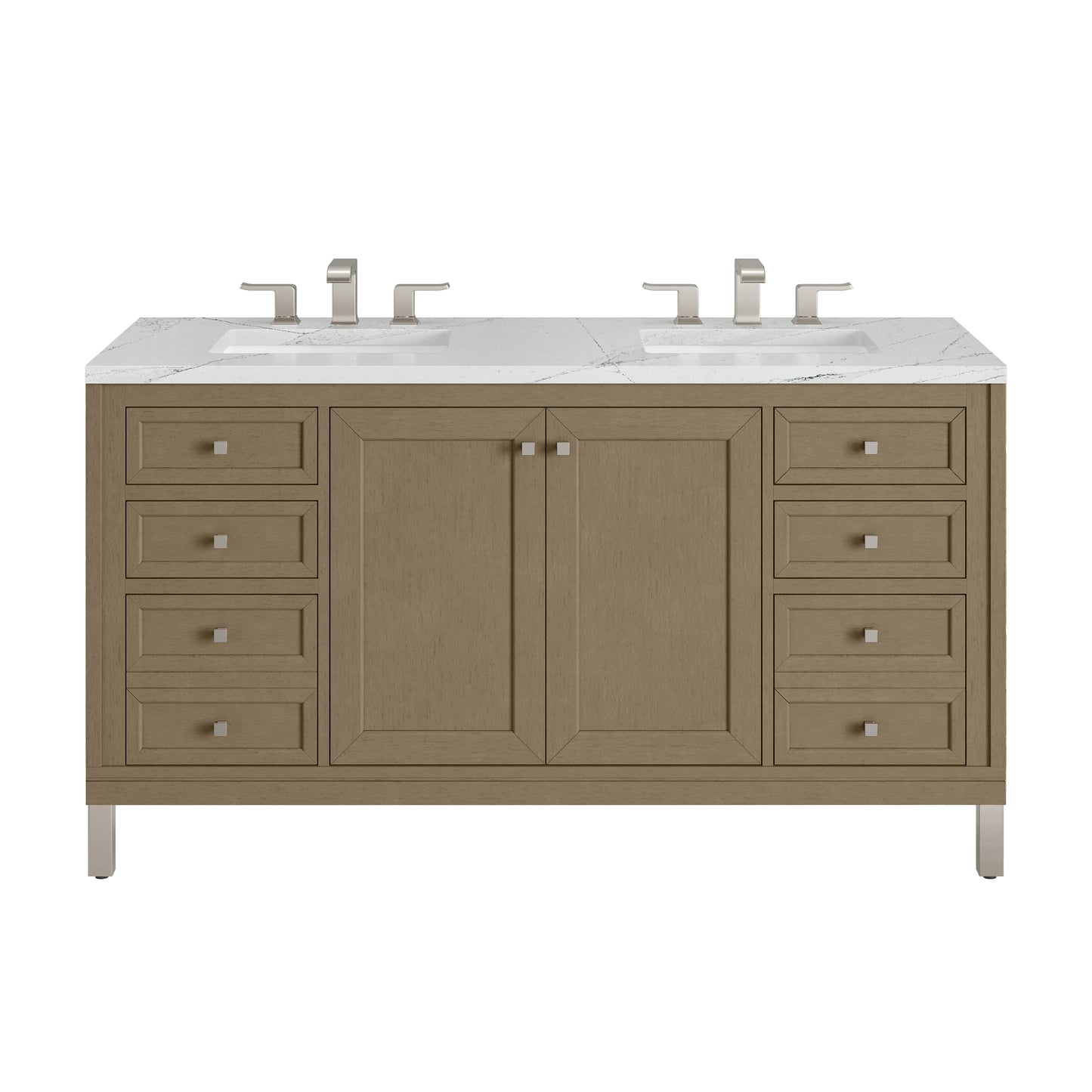 Renovate for Less Atlanta Chicago 60" Double Vanity, Walnut Whisper, w/ 3 CM Ethereal Noctis Silestone® Top w/FreePower Wireless Charger