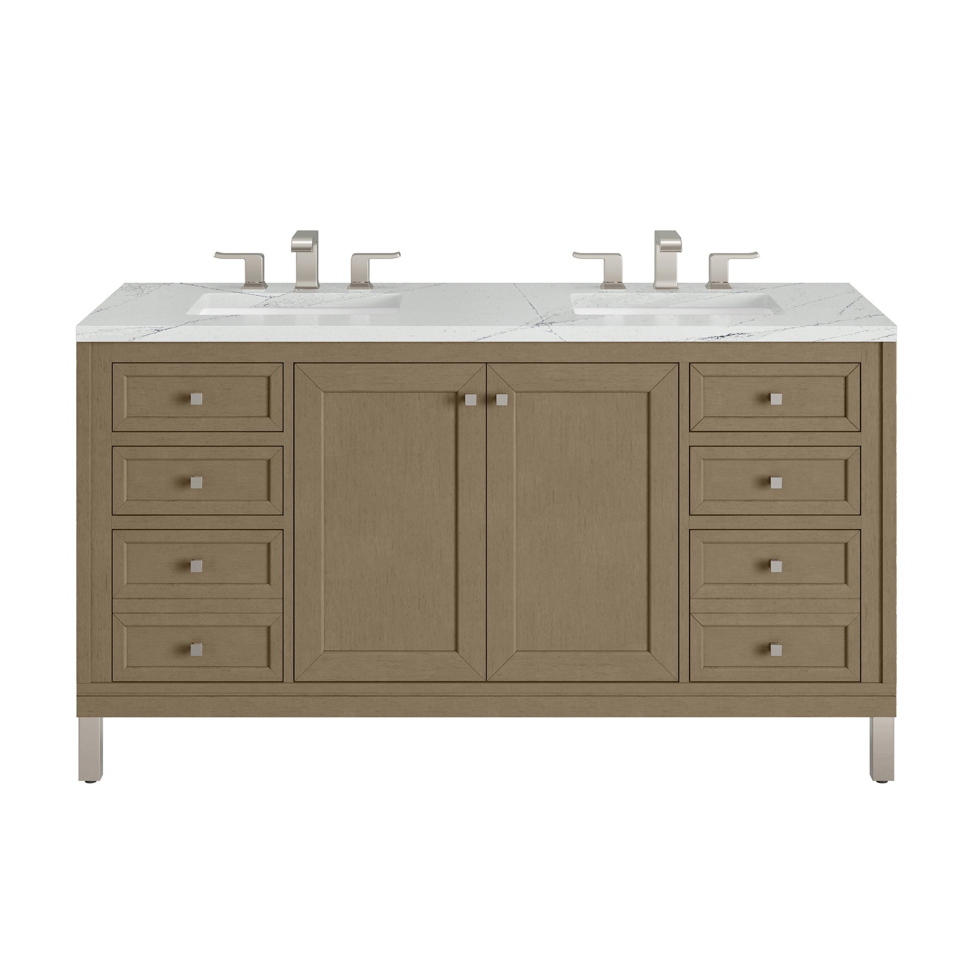 Renovate for Less Atlanta Chicago 60" Double Vanity, Walnut Whisper, w/ 3 CM Ethereal Noctis Silestone® Top w/FreePower Wireless Charger
