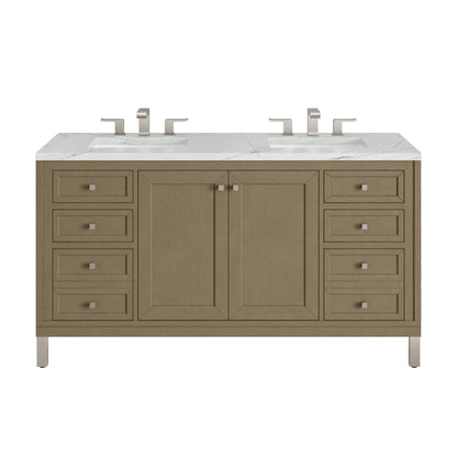 Renovate for Less Atlanta Chicago 60" Double Vanity, Walnut Whisper, w/ 3 CM Ethereal Noctis Silestone® Top w/FreePower Wireless Charger