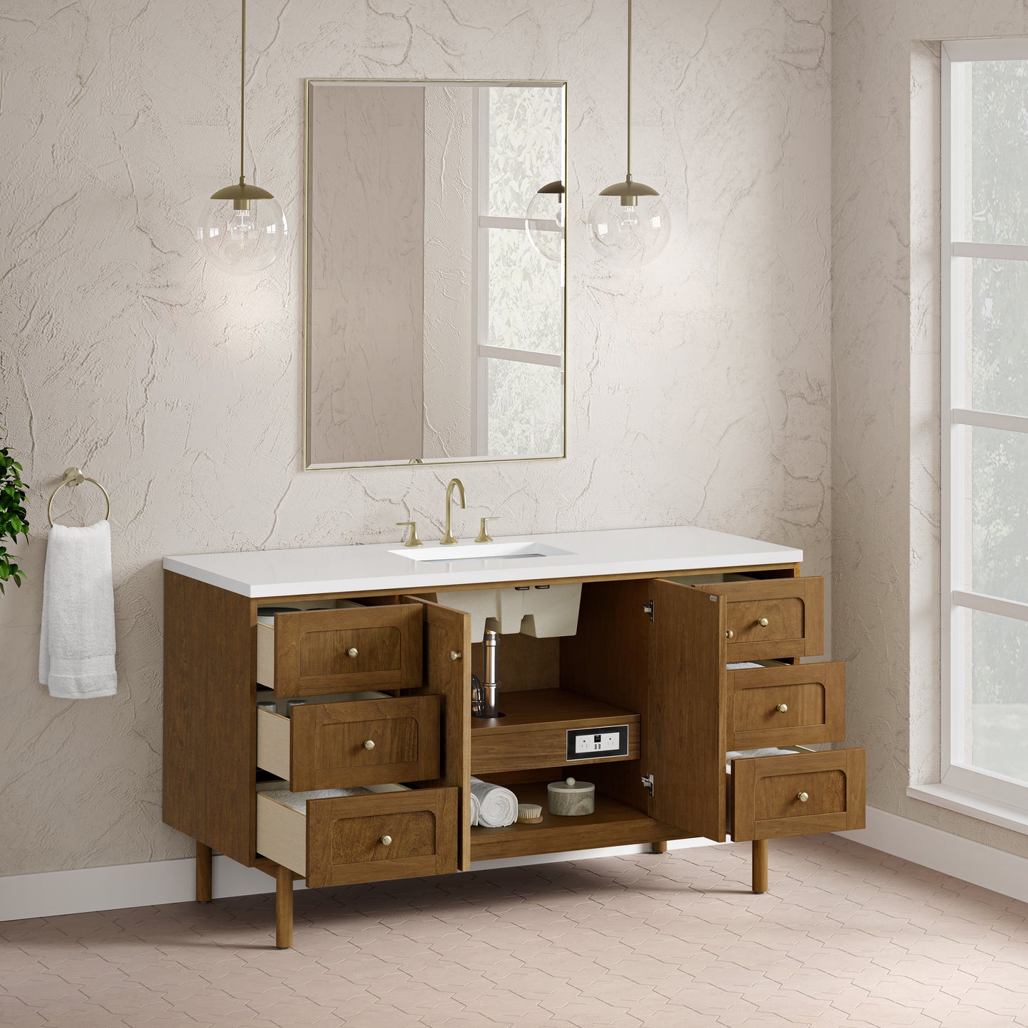 Renovate for Less Atlanta Laurent 60" Single Vanity, Honey Oak w/ 3 CM White Zeus Silestone Top