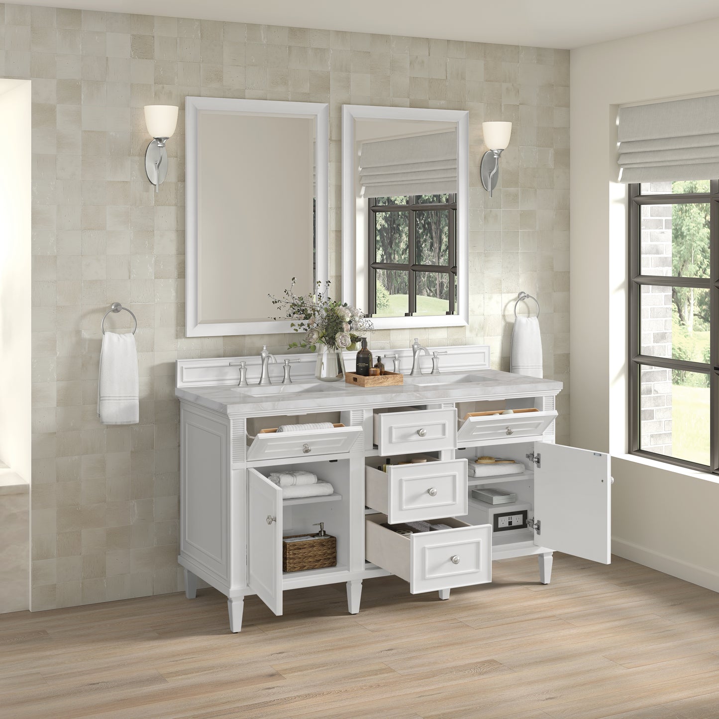 Renovate for Less Atlanta Lorelai 60" Double Vanity, Bright White w/ 3 CM Victorian Silver Silestone Top w/FreePower Wireless Charger