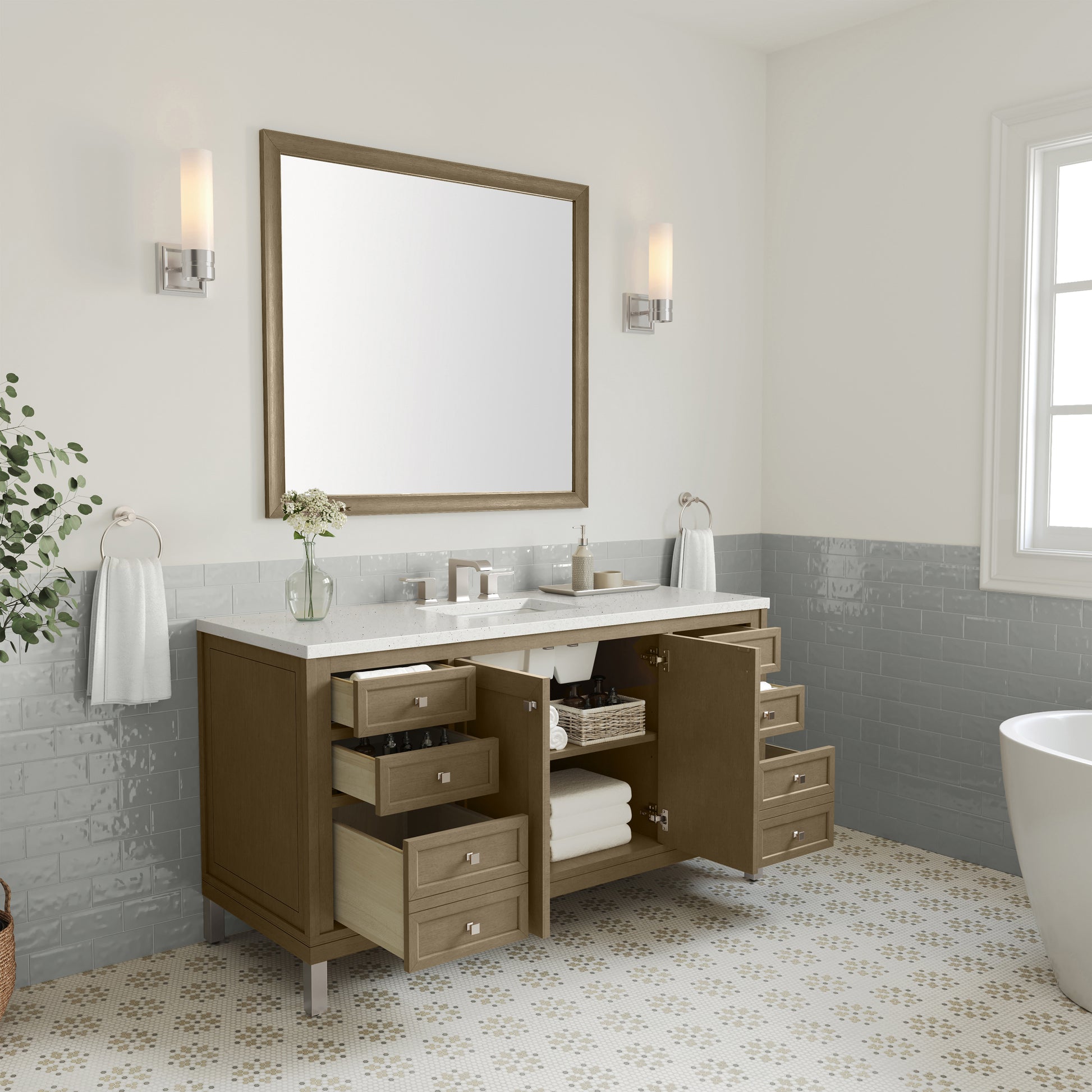 Renovate for Less Atlanta Chicago 60" Single Vanity, Walnut Whisper, w/ 3 CM Lime Delight Silestone® Top