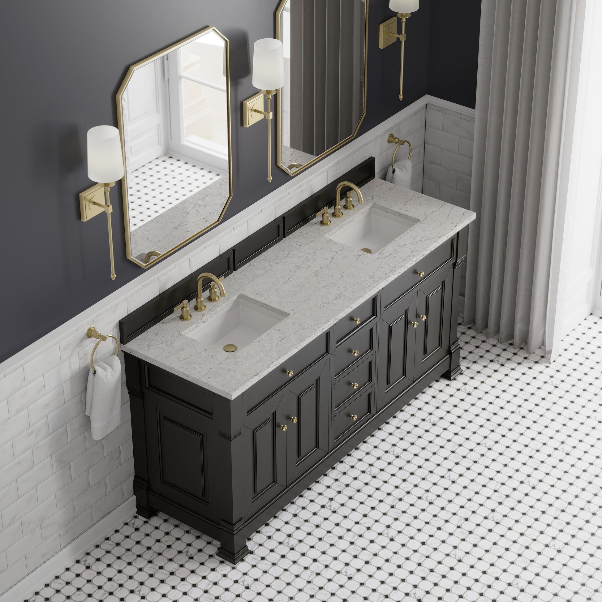 Renovate for Less Atlanta Brookfield 72" Double Vanity, Black Onyx w/ 3 CM Eternal Jasmine Pearl Silestone Top