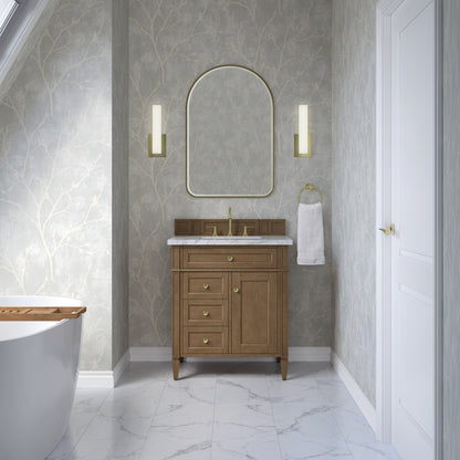 Renovate for Less Atlanta Brittany 30" Single Vanity, Pecan w/ 3 CM Carrara Marble Top