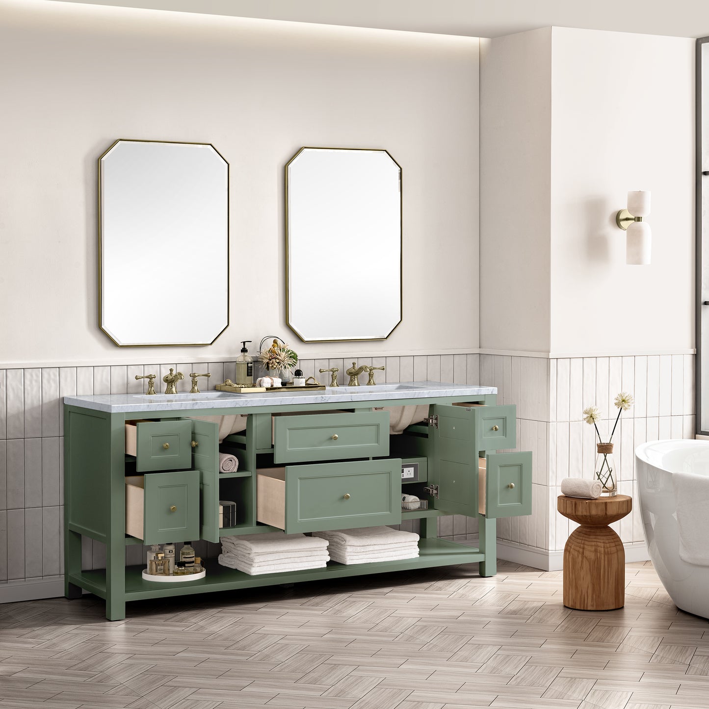 Renovate for Less Atlanta Breckenridge 72" Double Vanity, Smokey Celadon w/ 3 CM Carrara Marble Top