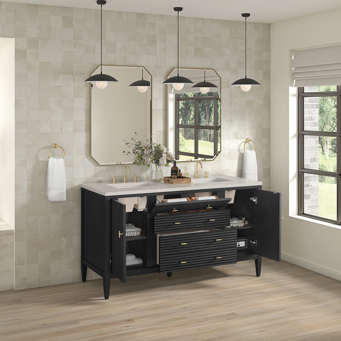 Renovate for Less Atlanta Myrrin 60" Double Vanity, Carbon Oak, w/ 3 CM Siberian Silestone Top