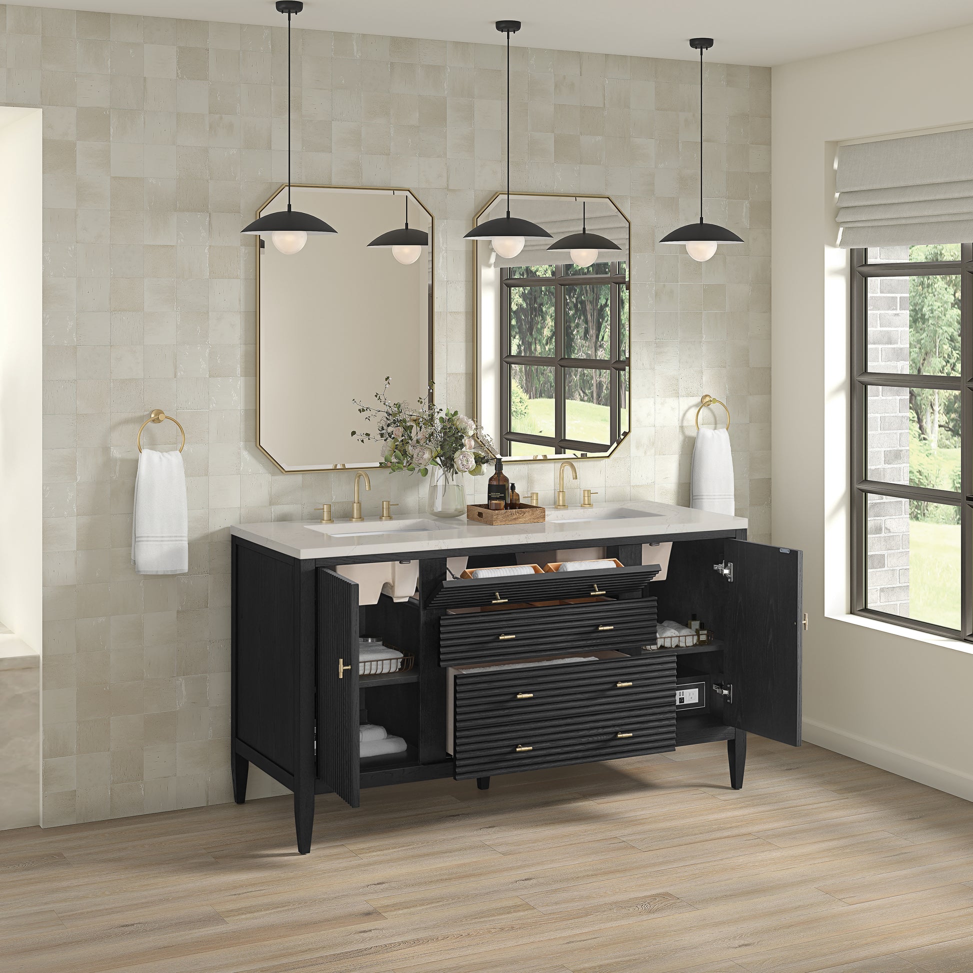 Renovate for Less Atlanta Myrrin 60" Double Vanity, Carbon Oak, w/ 3 CM Siberian Silestone Top