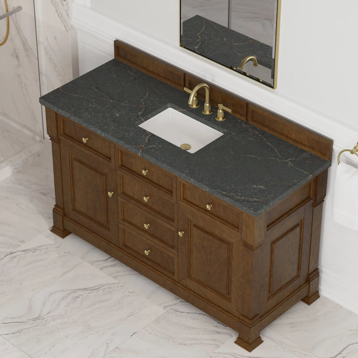 Brookfield 60" Single Vanity, Honey Oak w/ 3 CM Parisien Bleu Silestone Top