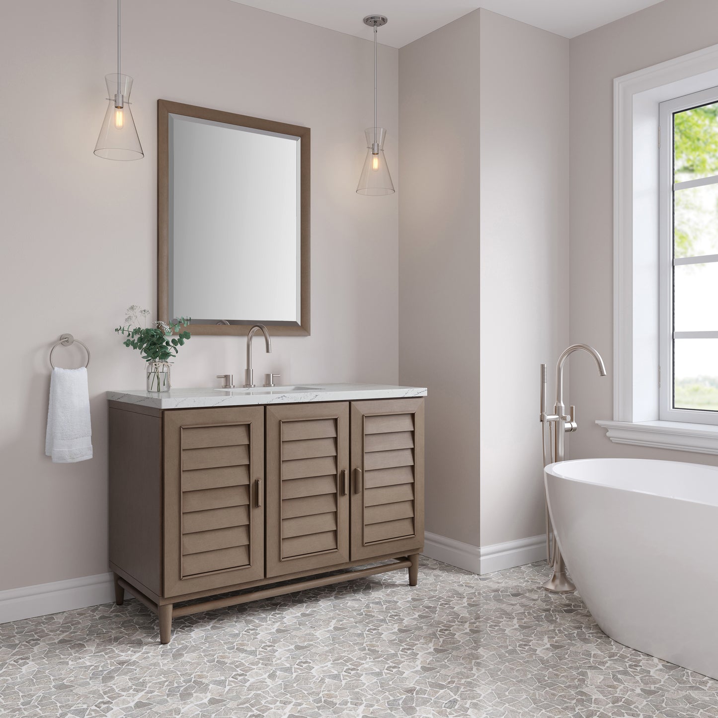 Renovate for Less Atlanta Portland 48" Single Vanity Whitewashed Walnut w/ 3 CM Ethereal Noctis Silestone Top w/FreePower Wireless Charger