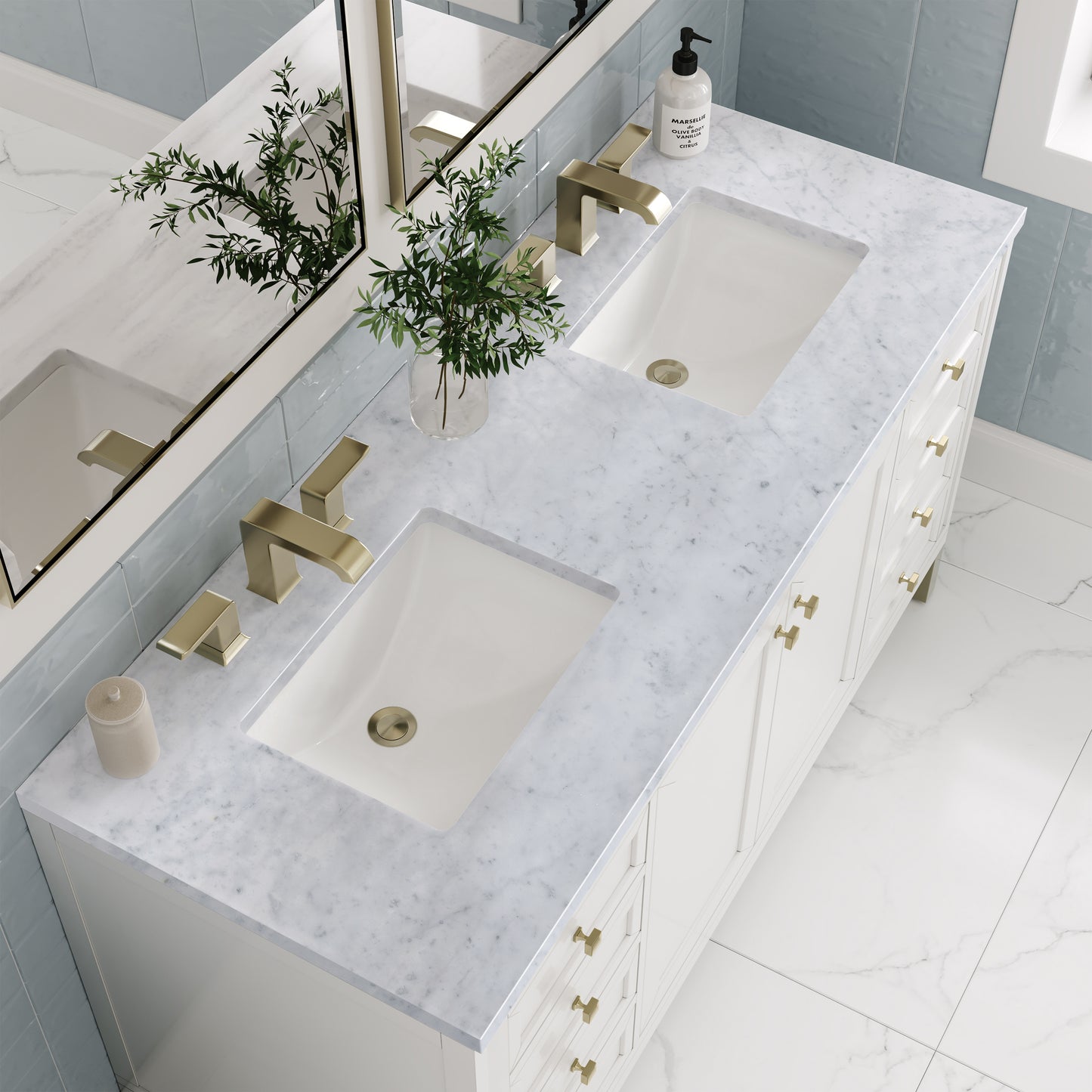 Renovate for Less Atlanta Chicago 60" Double Vanity, Glossy White, w/ 3 CM Carrara Marble Top