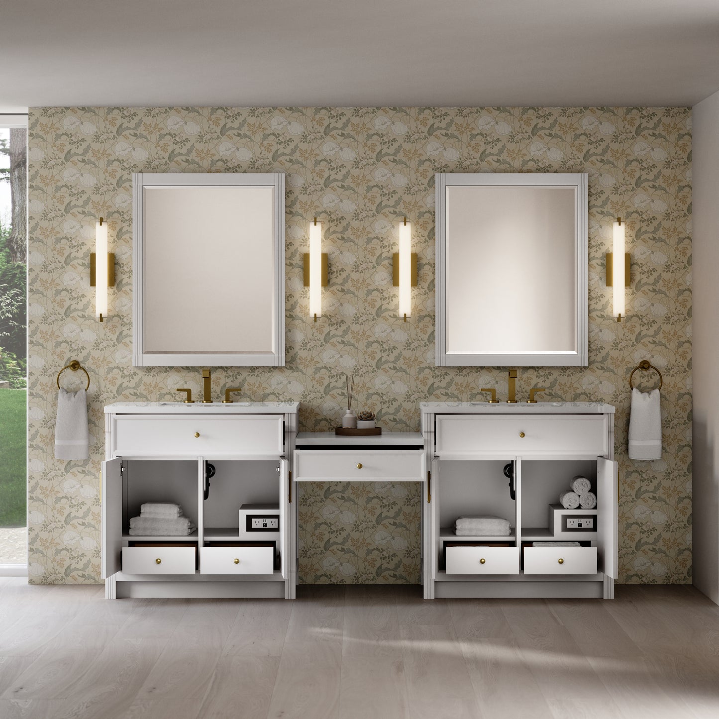 Renovate for Less Atlanta Bellshire 96" Dual Vanity Set with 24" Make-Up Counter, Bright White w/3 cm White Zeus Silestone Top