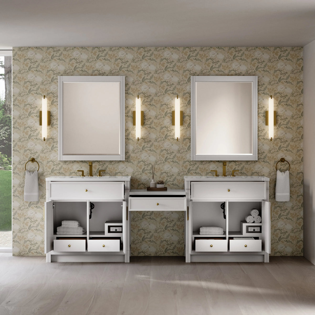 Bellshire 96" Dual Vanity Set with 24" Make-Up Counter, Bright White w/3 cm White Zeus Silestone Top