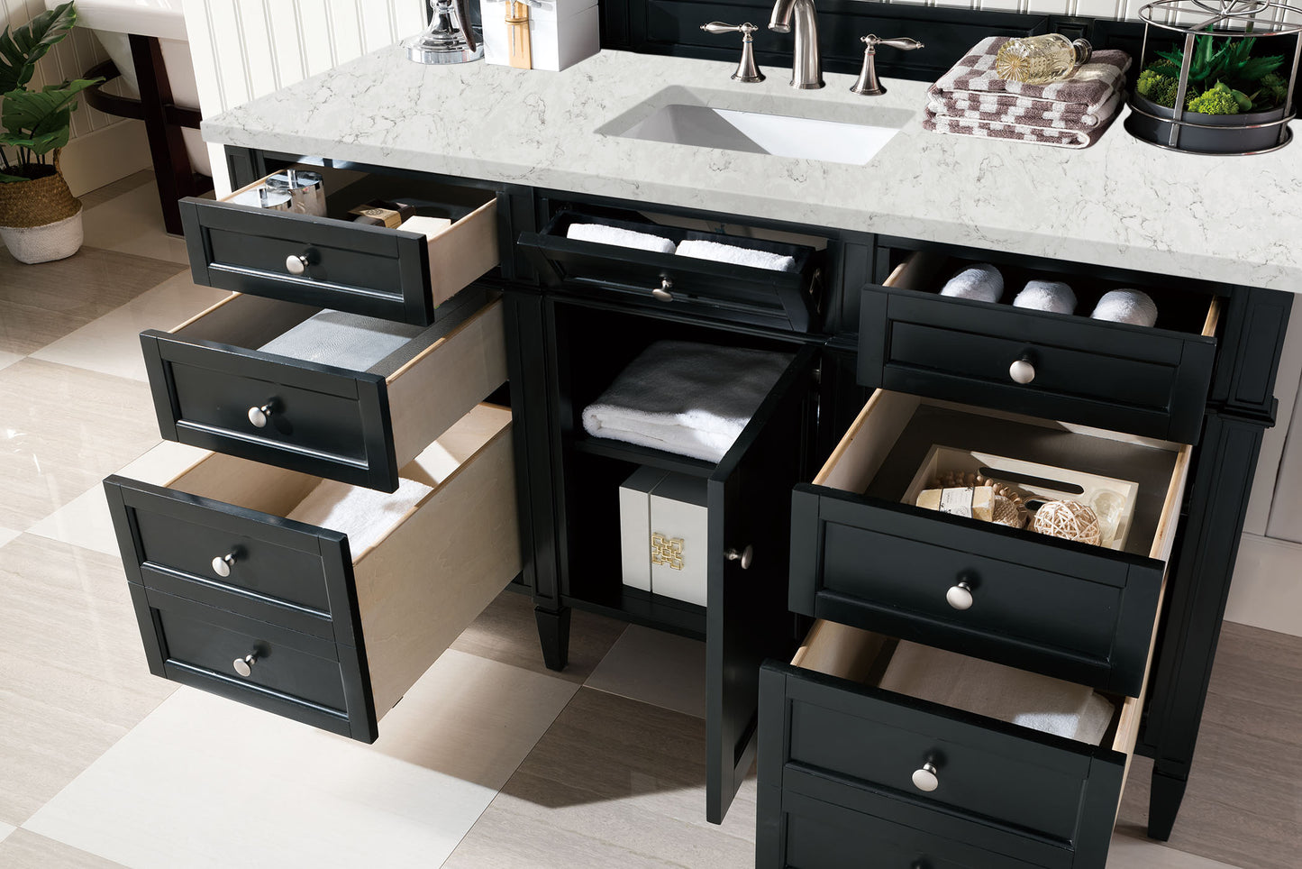 Renovate for Less Atlanta Brittany 60" Single Vanity, Black Onyx, w/ 3 CM Eternal Jasmine Pearl Silestone Top