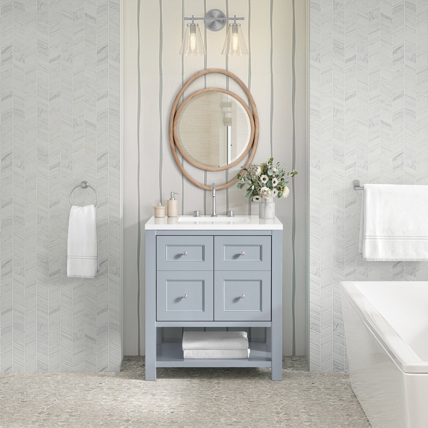 Renovate for Less Atlanta Breckenridge 30" Single Vanity, Serenity Blue, w/ 3 CM White Zeus Quartz Top