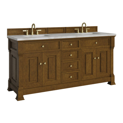 Renovate for Less Atlanta Brookfield 72" Double Vanity, Honey Oak w/ 3 CM Victorian Silver Silestone Top w/ FreePower Wireless Charger