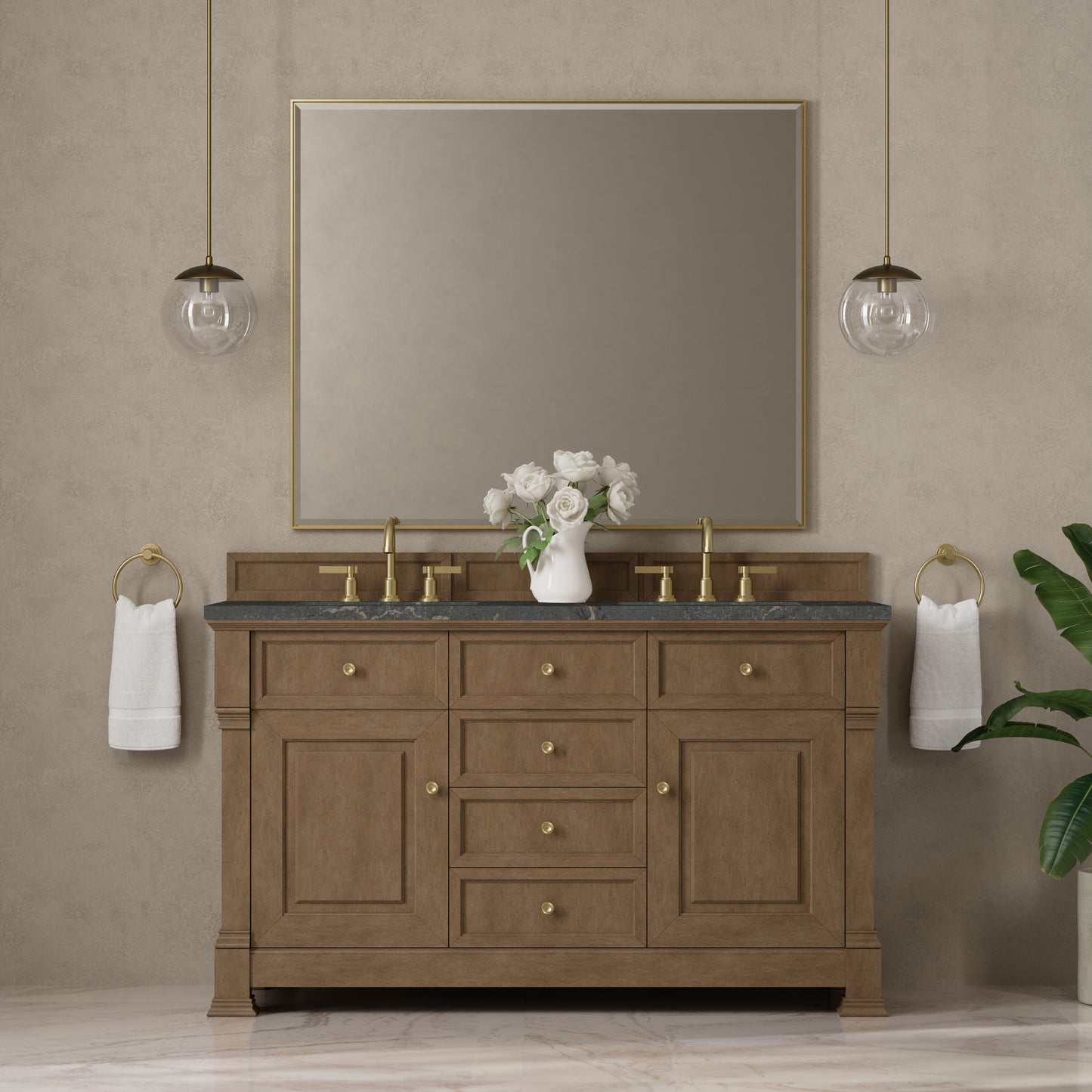 Renovate for Less Atlanta Brookfield 60" Double Vanity, Pecan w/ 3 CM Parisien Bleu Silestone Top w/FreePower Wireless Charger