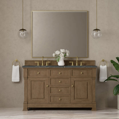 Brookfield 60" Double Vanity, Pecan w/ 3 CM Parisien Bleu Silestone Top w/FreePower Wireless Charger