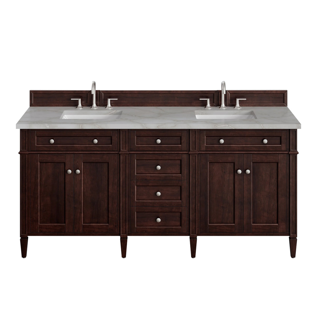 Brittany 72" Double Vanity, Burnished Mahogany w/ 3 CM Victorian Silver Silestone Top