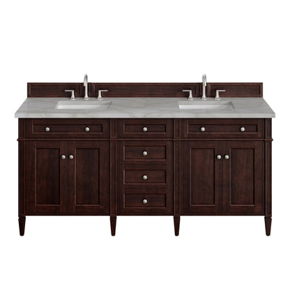 Brittany 72" Double Vanity, Burnished Mahogany w/ 3 CM Victorian Silver Silestone Top