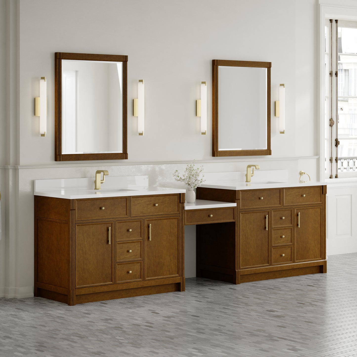 Renovate for Less Atlanta Bellshire 120" Dual Vanity Set with 24" Make-Up Counter, Honey Oak w/Single Hole 3 cm White Zeus Silestone Top & Backsplash