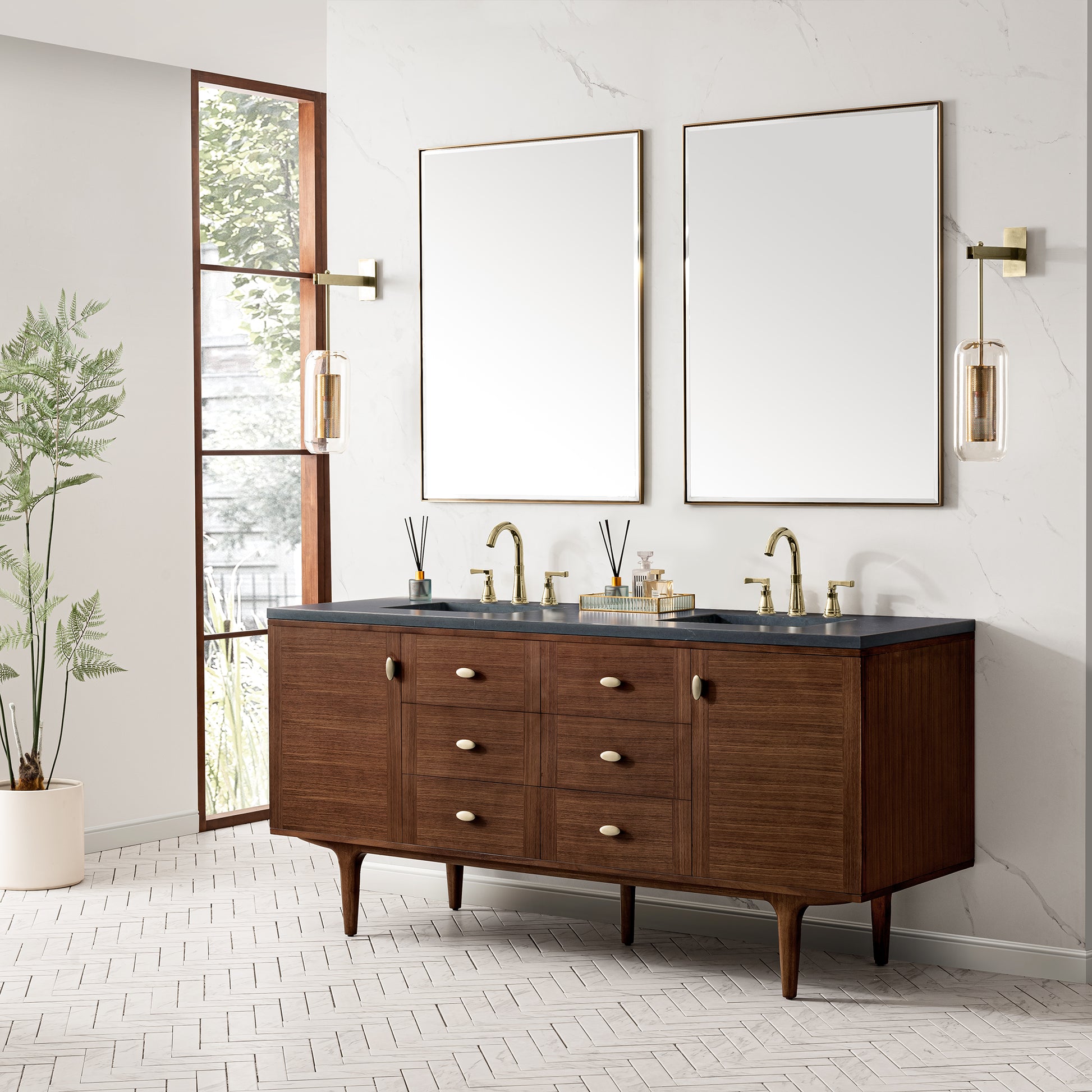 Renovate for Less Atlanta Amberly 72" Double Vanity, Mid-Century Walnut w/ 3 CM Charcoal Soapstone Top