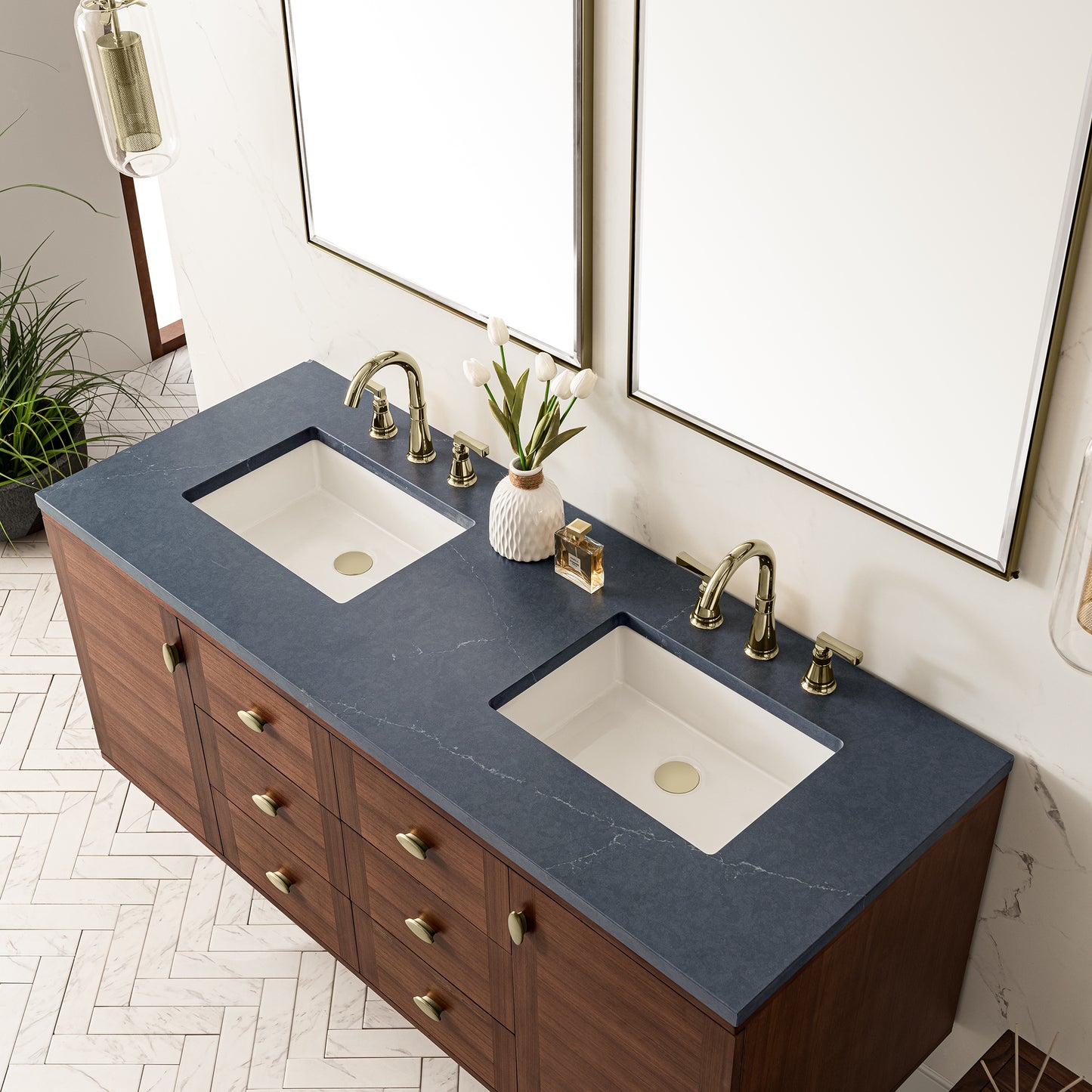 Renovate for Less Atlanta Amberly 60" Double Vanity, Mid-Century Walnut w/ 3 CM Charcoal Soapstone Top