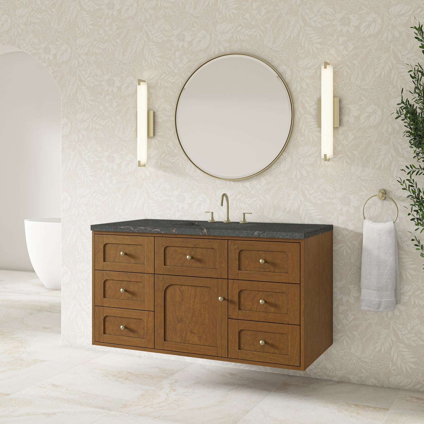 Renovate for Less Atlanta Laurent 48" Single Vanity, Honey Oak w/ 3 CM Parisien Bleu Silestone Top