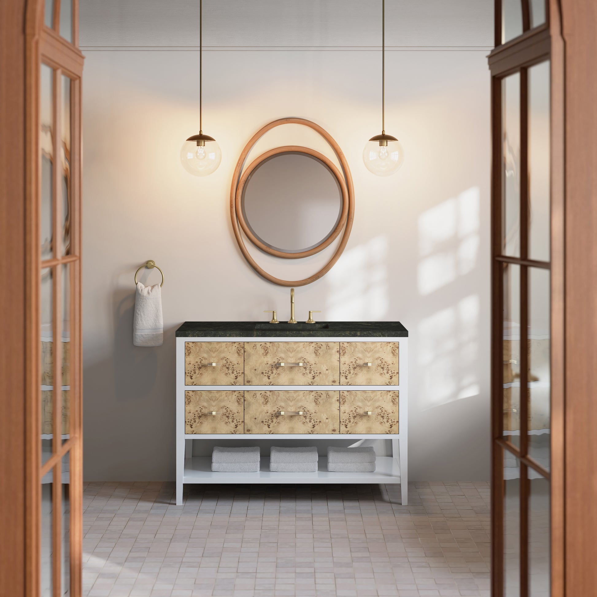 Renovate for Less Atlanta Olena 48" Single Vanity, Light Mappa Burl and Polished White, w/ 3 CM Phantome Eclos Top