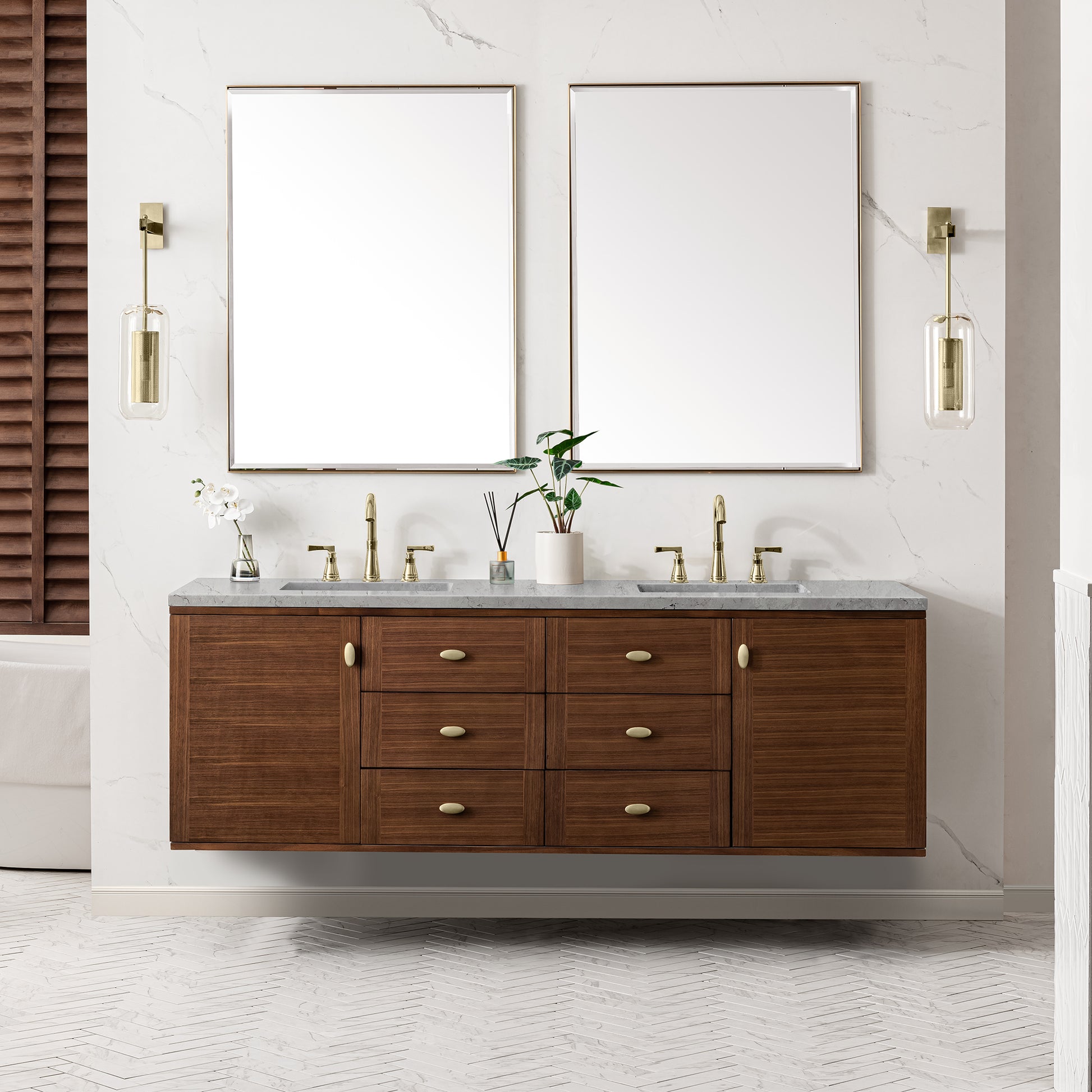 Renovate for Less Atlanta Amberly 72" Double Vanity, Mid-Century Walnut w/ 3 CM Eternal Jasmine Pearl Top w/FreePower Wireless Charger