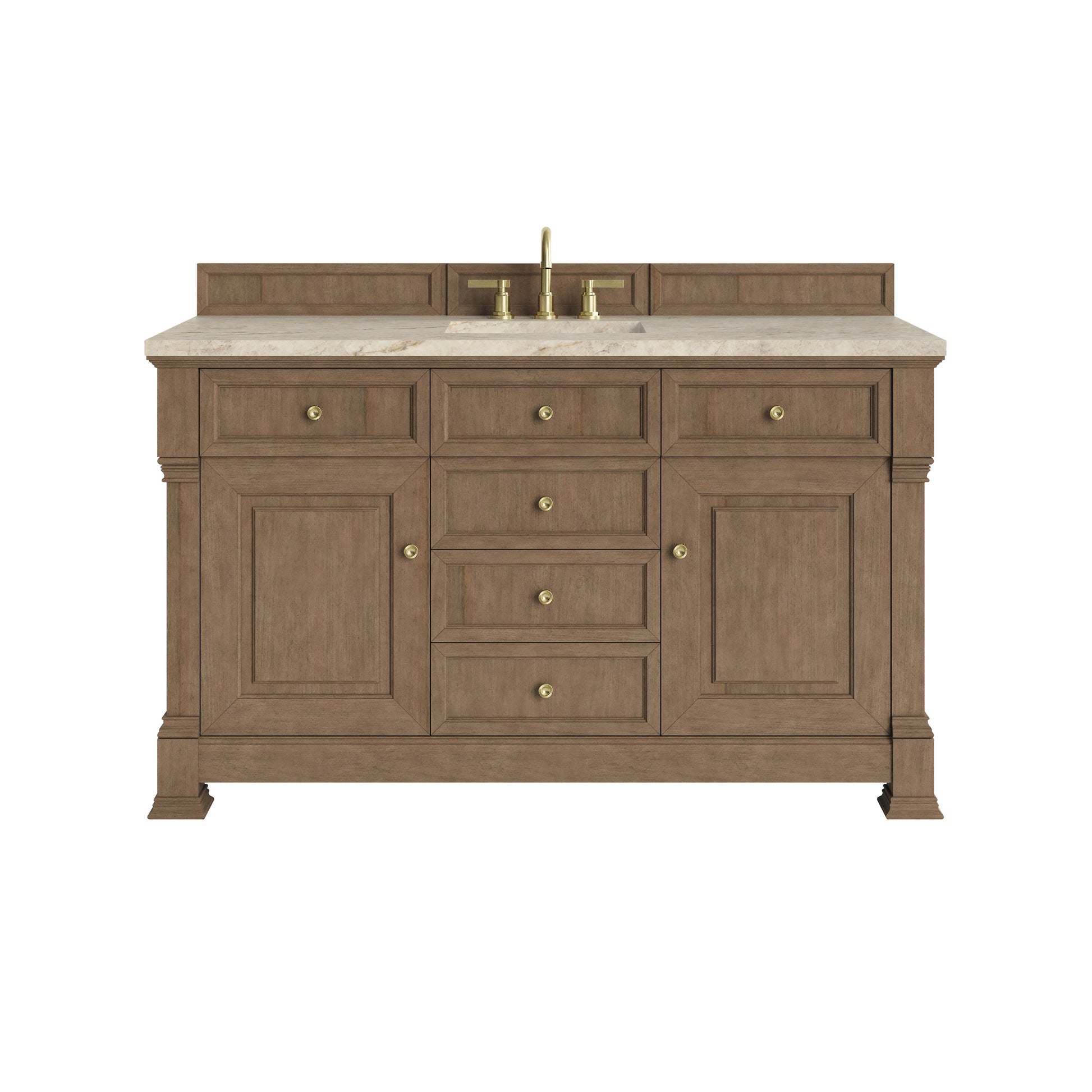 Renovate for Less Atlanta Brookfield 60" Single Vanity, Pecan, w/ 3 CM Tajnar Eclos Top w/FreePower Wireless Charger