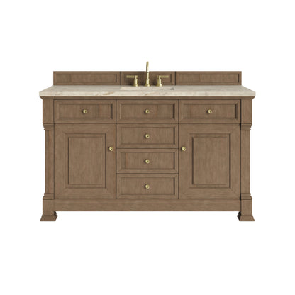 Renovate for Less Atlanta Brookfield 60" Single Vanity, Pecan, w/ 3 CM Tajnar Eclos Top w/FreePower Wireless Charger
