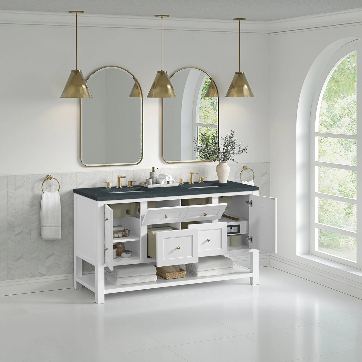 Breckenridge 60" Double Vanity, Bright White, w/ 3 CM Charcoal Soapstone Quartz Top