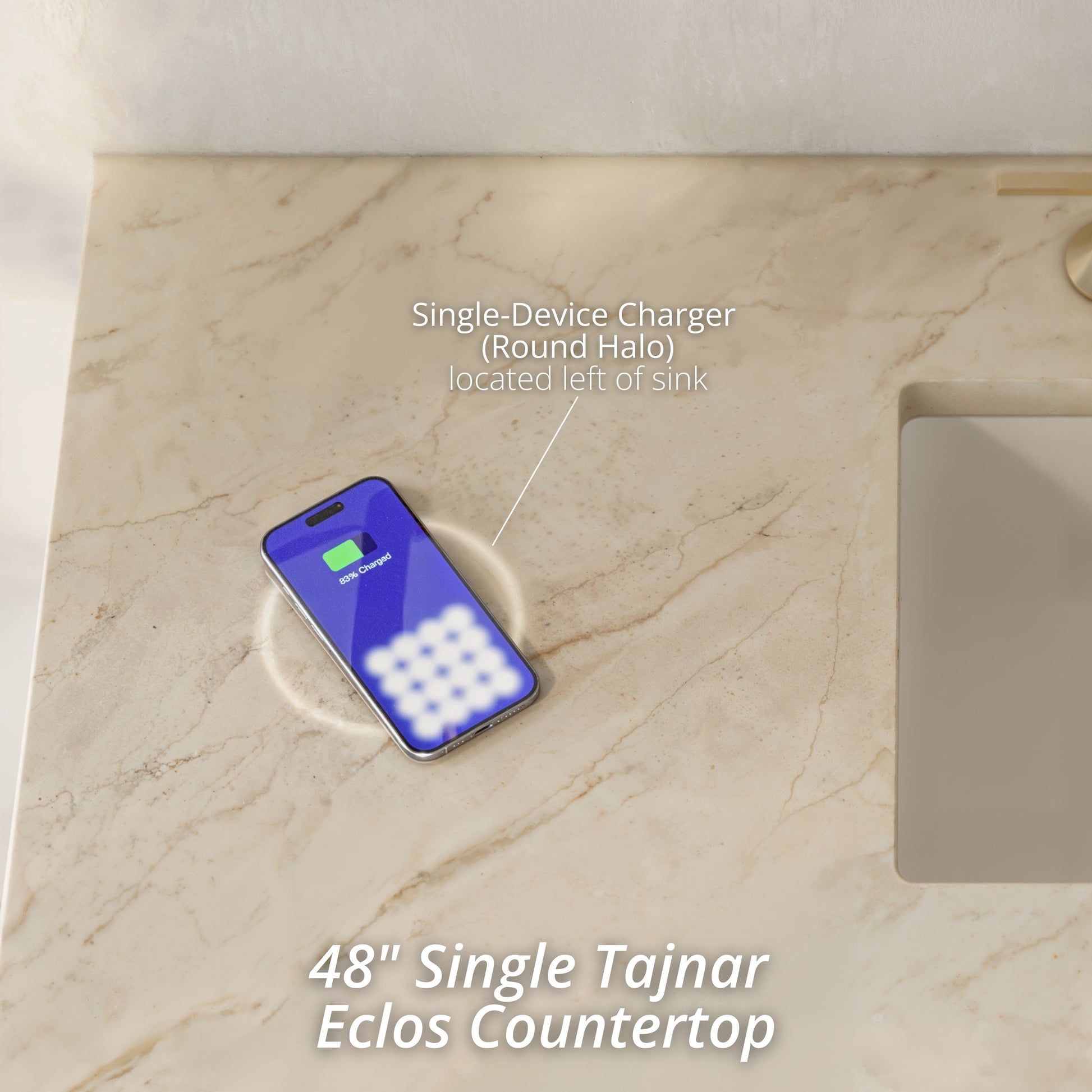Renovate for Less Atlanta Chicago 48" Single Vanity, Glossy White, w/ 3 CM Tajnar Eclos Top w/FreePower Wireless Charger