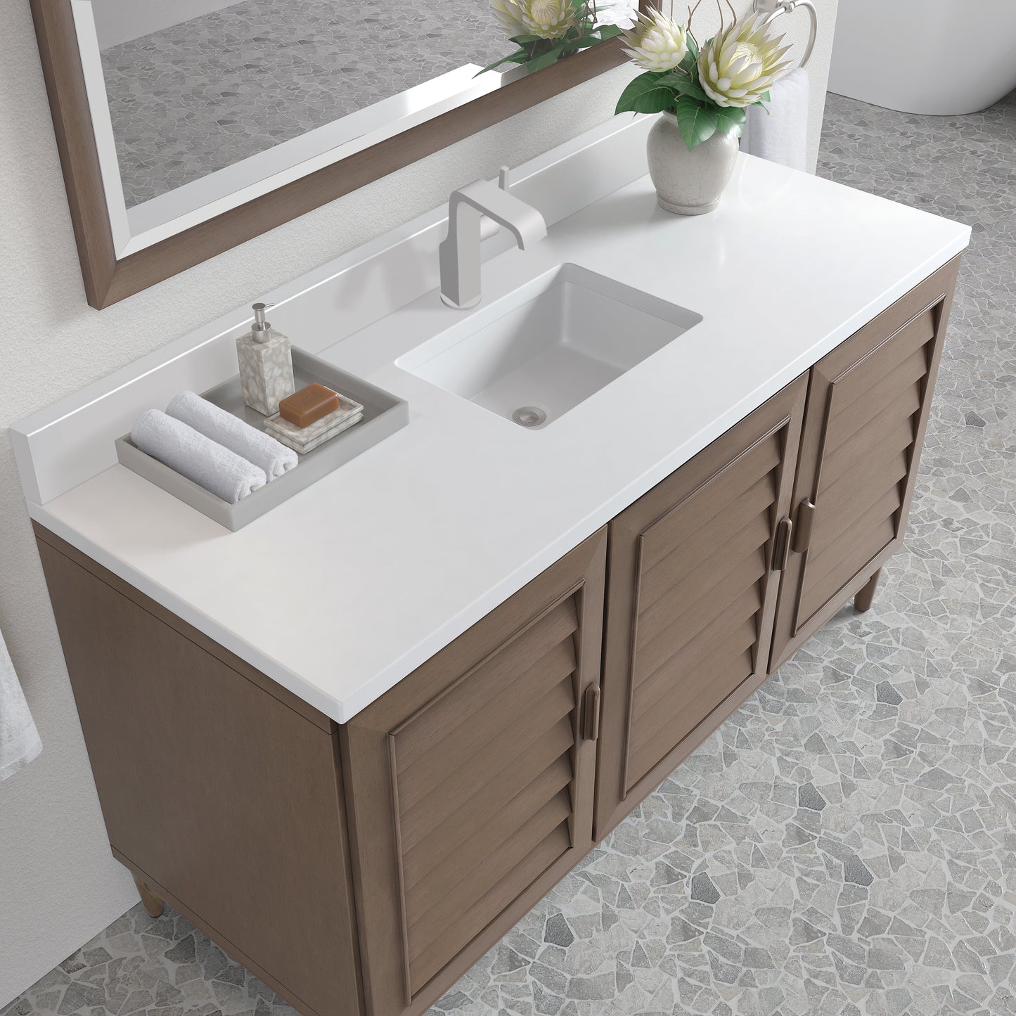 Renovate for Less Atlanta Portland 60" Single Vanity Whitewashed Walnut w/ Single Hole 3 CM White Zeus Silestone Top & Backsplash