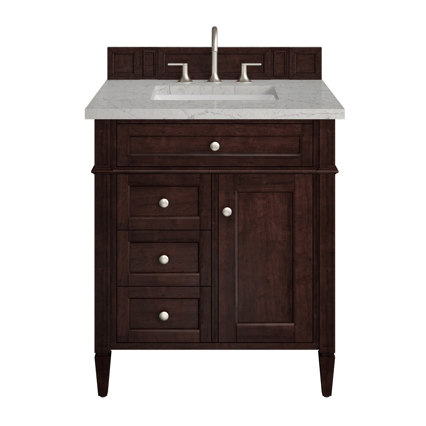 Renovate for Less Atlanta Brittany 30" Single Vanity, Burnished Mahogany, w/ 3 CM Eternal Jasmine Pearl Silestone Top