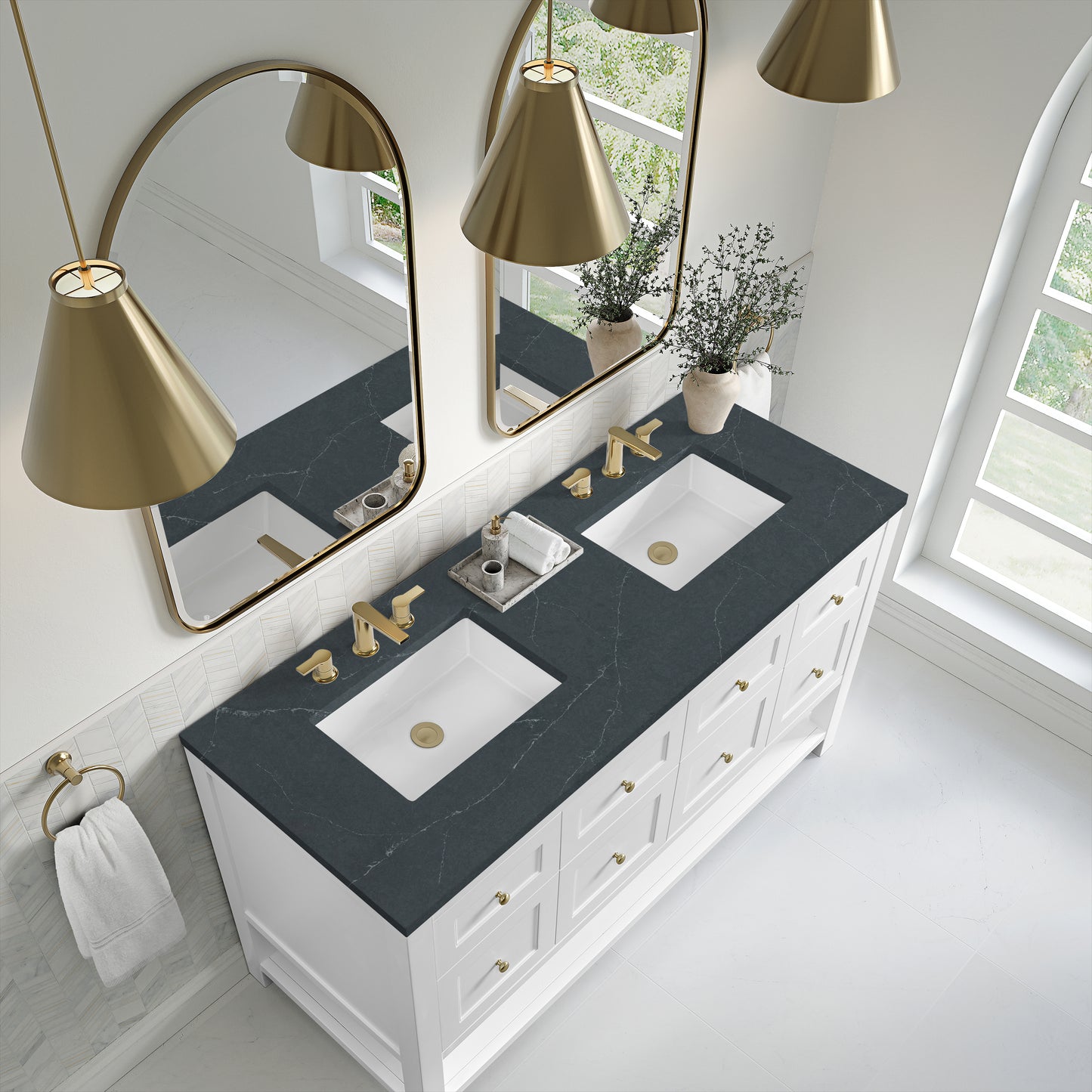 Renovate for Less Atlanta Breckenridge 60" Double Vanity, Bright White, w/ 3 CM Charcoal Soapstone Quartz Top