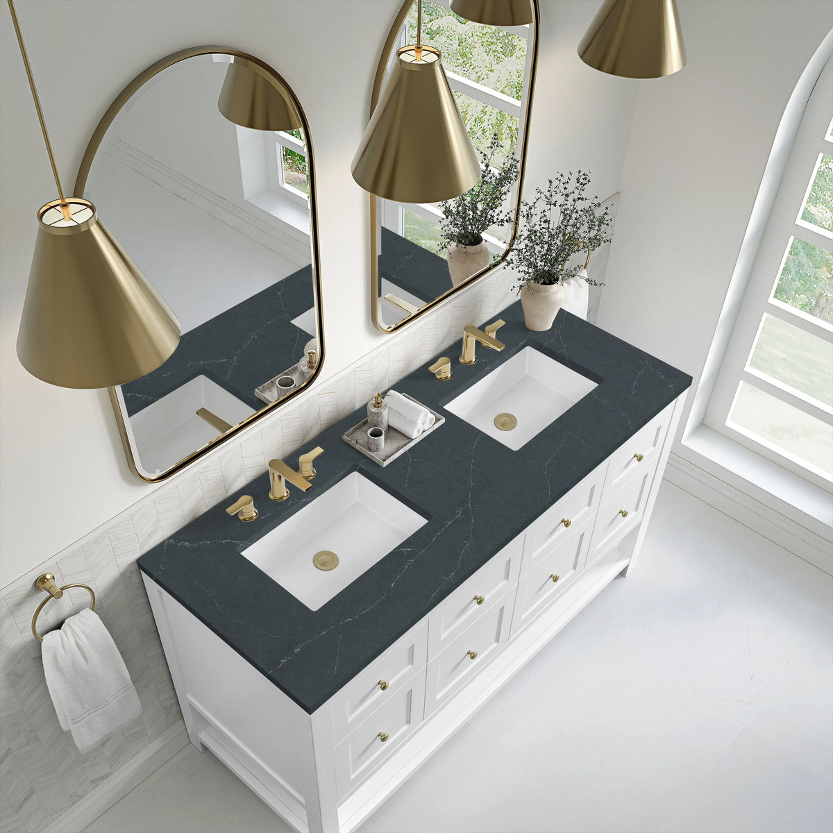 Breckenridge 60" Double Vanity, Bright White, w/ 3 CM Charcoal Soapstone Quartz Top