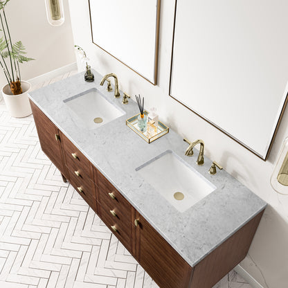 Renovate for Less Atlanta Amberly 72" Double Vanity, Mid-Century Walnut w/ 3 CM Carrara Marble Top