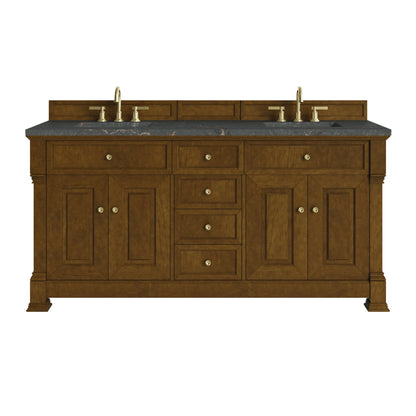 Brookfield 72" Double Vanity, Honey Oak w/ 3 CM Parisien Bleu Silestone Top w/ FreePower Wireless Charger